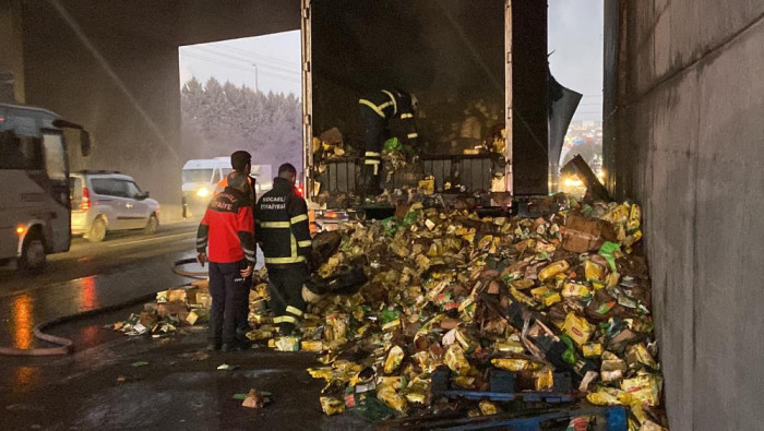 D-100’de çay yüklü tır alev alev yandı