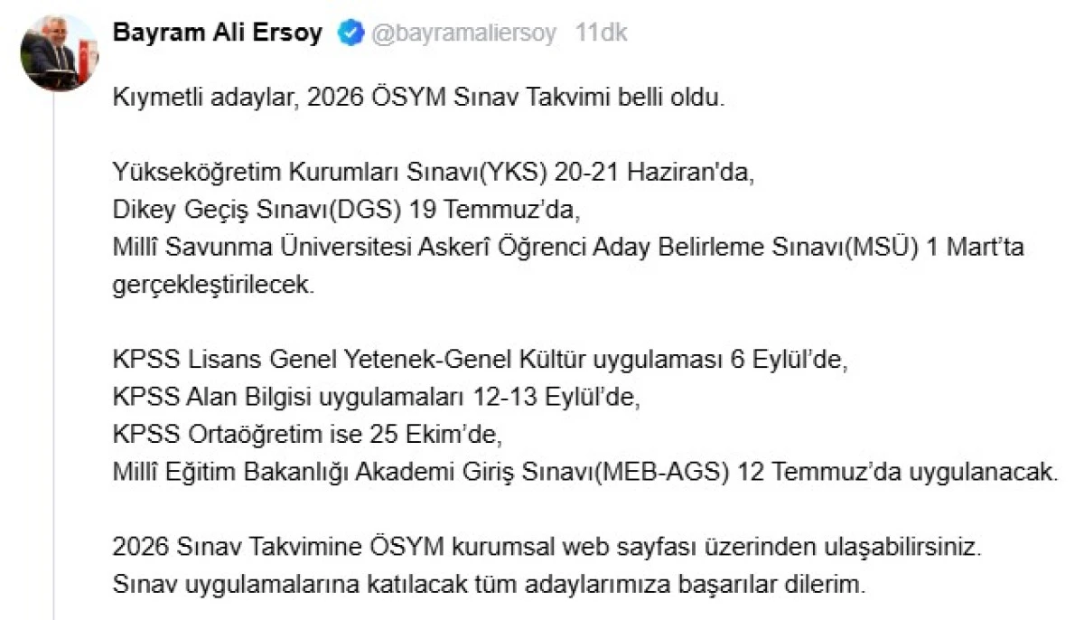 2026 ÖSYM sınav takvimi belli oldu