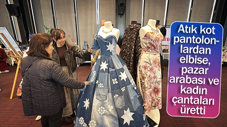 Atık kot pantolonlardan elbise, pazar arabası ve kadın &ccedil;antaları &uuml;retti