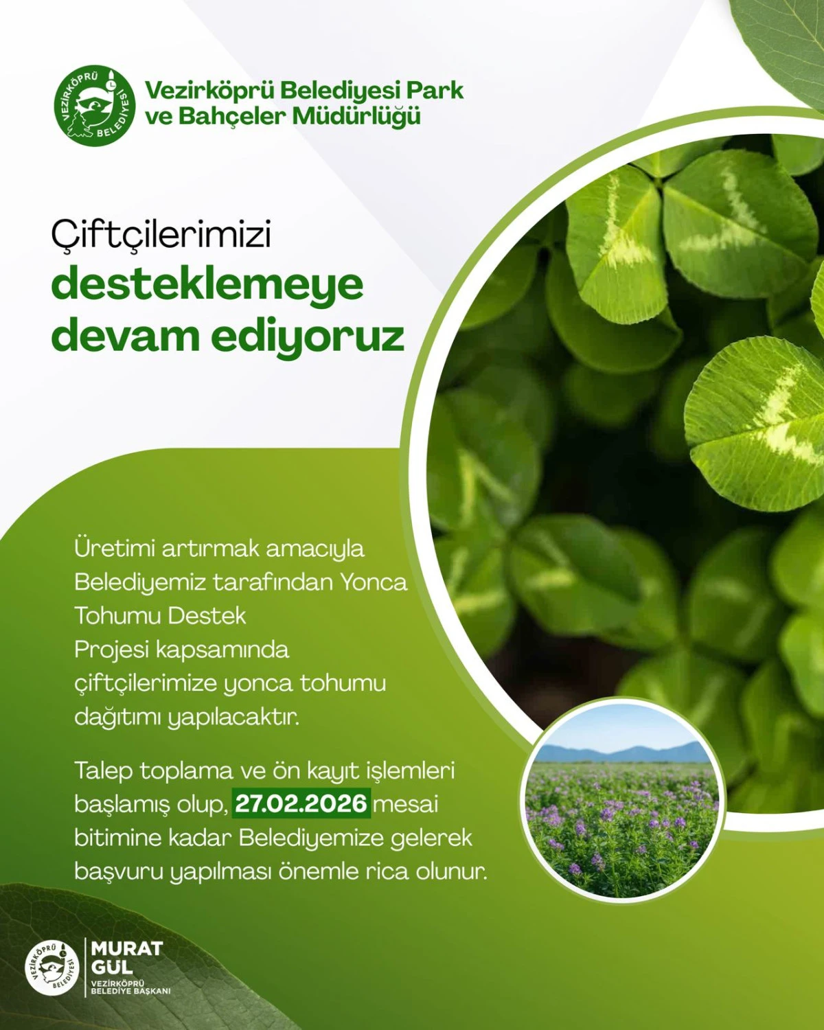 Vezirk&ouml;pr&uuml; Belediyesi&rsquo;nden &Ccedil;ift&ccedil;ilere Yonca Tohumu Desteği